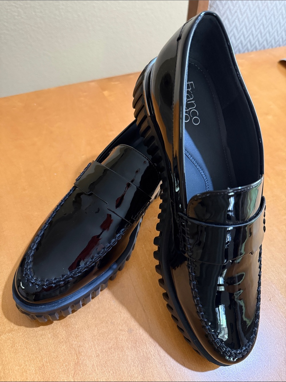 Franco Sarto Black Patent Penny Loafers with Lug Sole